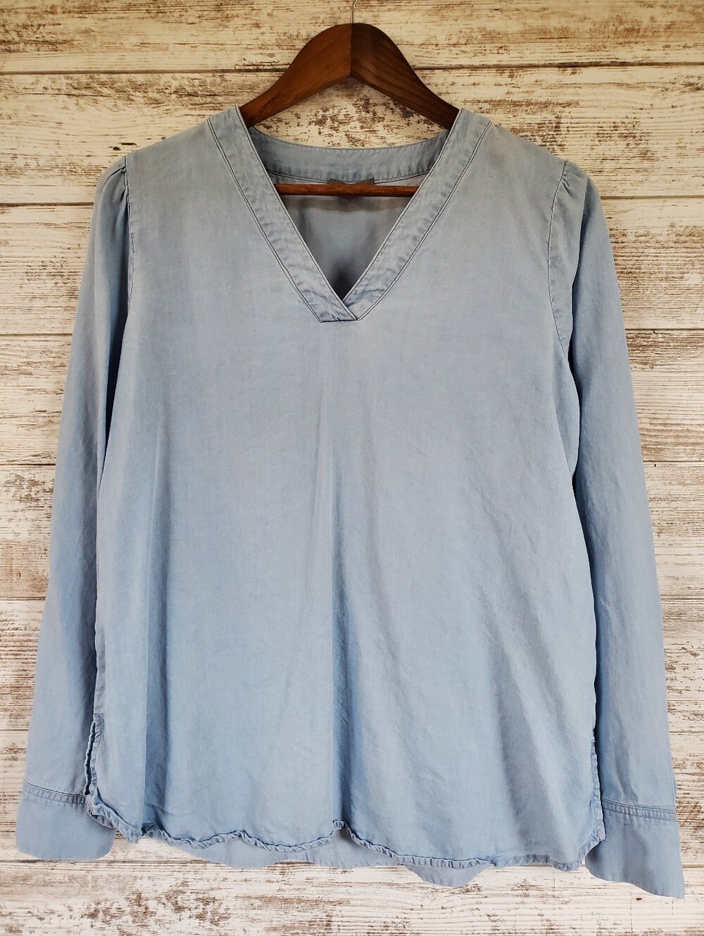 Vince Camuto Blue Lyocell Chambray Tunic Top Blouse Pleated Puff Sleeve